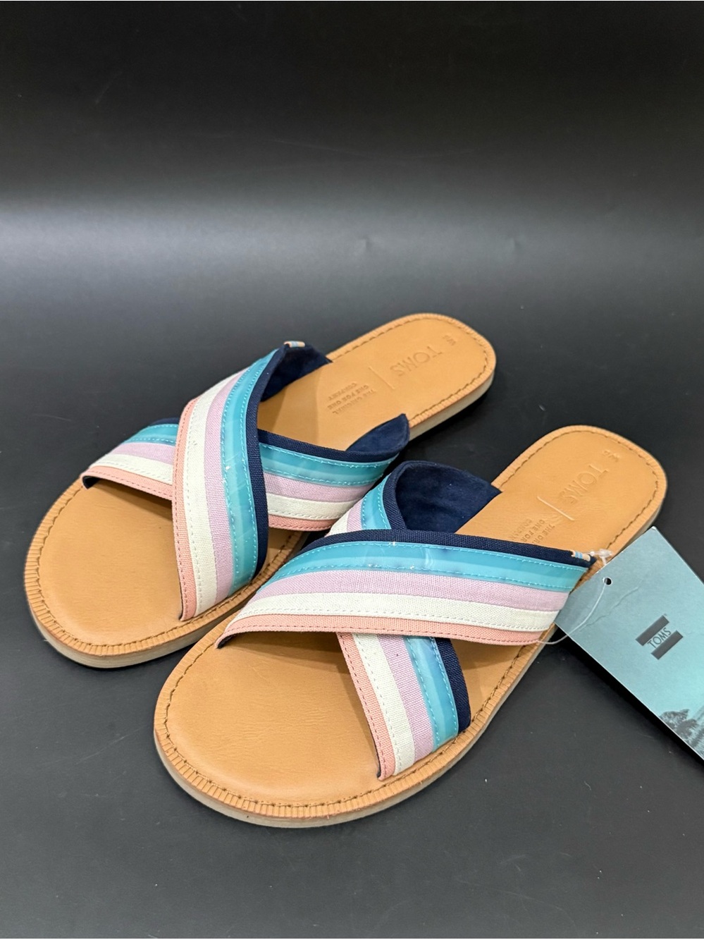 TOMS Viv Blue Multicolor Pastel Stripe Canvas Crossover Slide Sandals Size 6 New